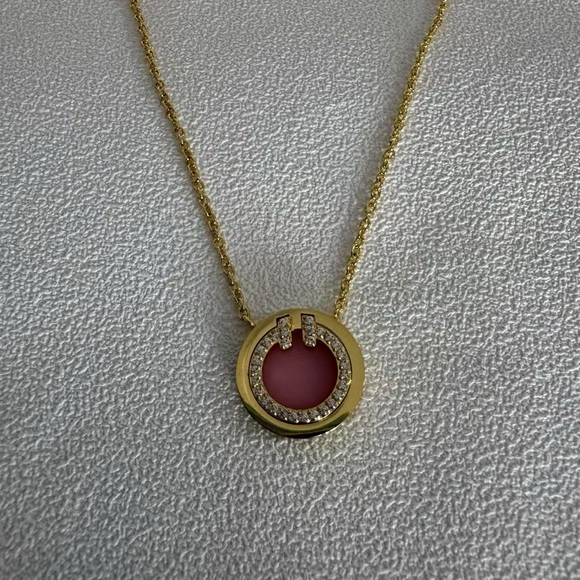 Tiffany T Shaped Diamond And Pink Chalcedony Round Pendant Yellow Gold
